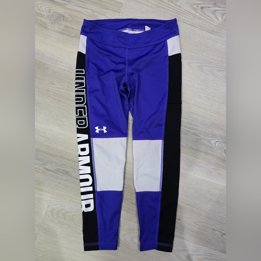 Under Armour Color Block Cropped Leggings Royal Blue Black White Size YMD